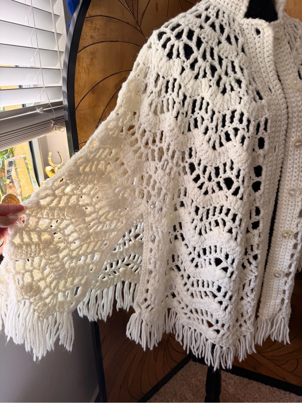 Cream Open-Weave Fringe crochet Button-Front Women's Poncho Swim cover up - Picture 4 of 6